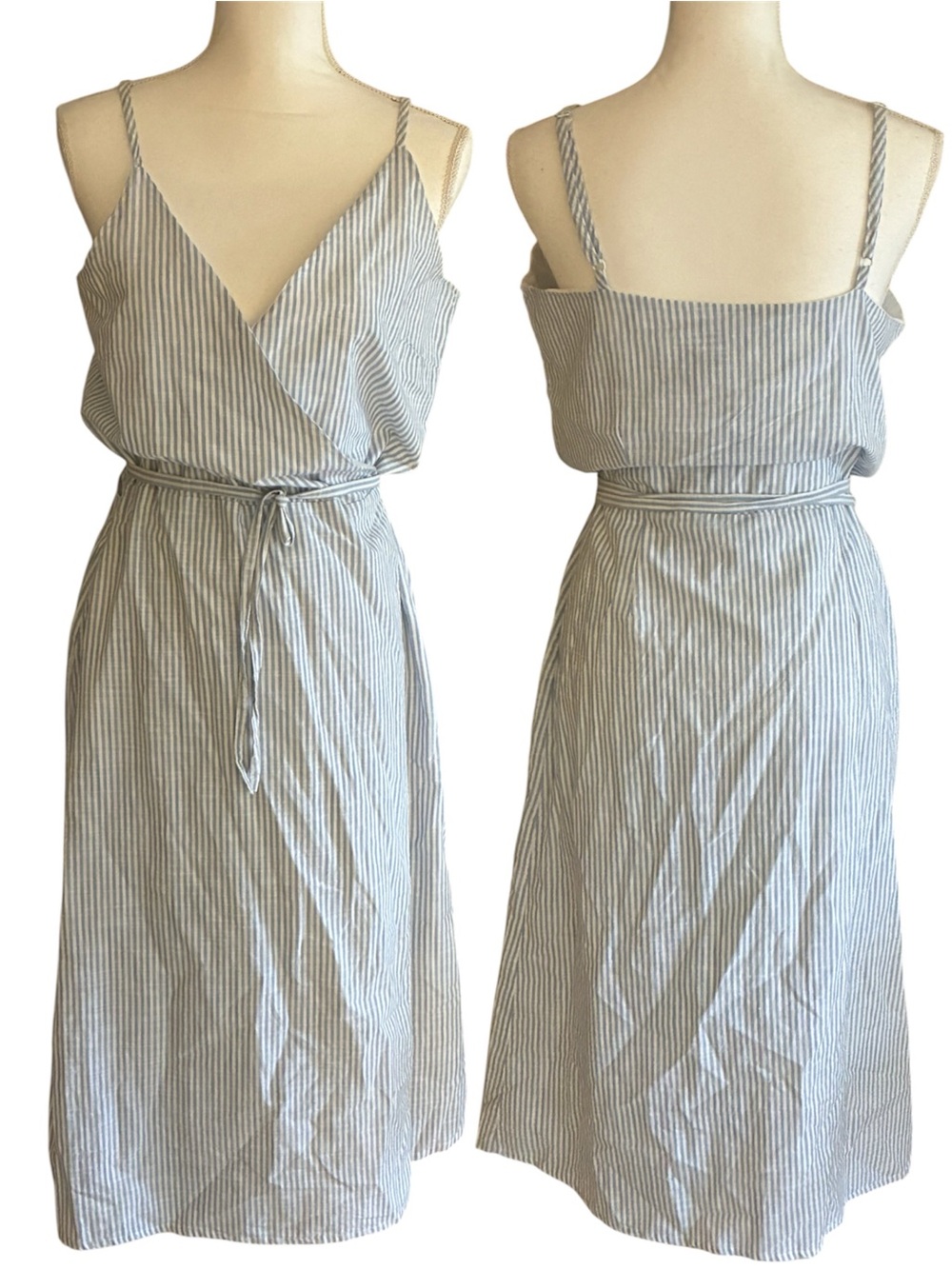 NWT ICHI Cotton Striped Wrap Midi Dress with Tie Waist Blue/White Size 10 EU 42